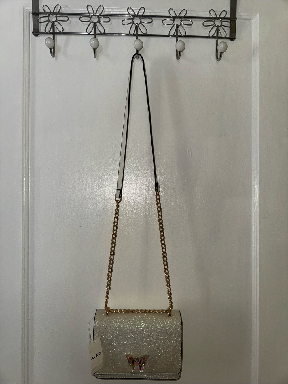 ALDO White Glitter Crossbody with Gold Chain and Butterfly Accent